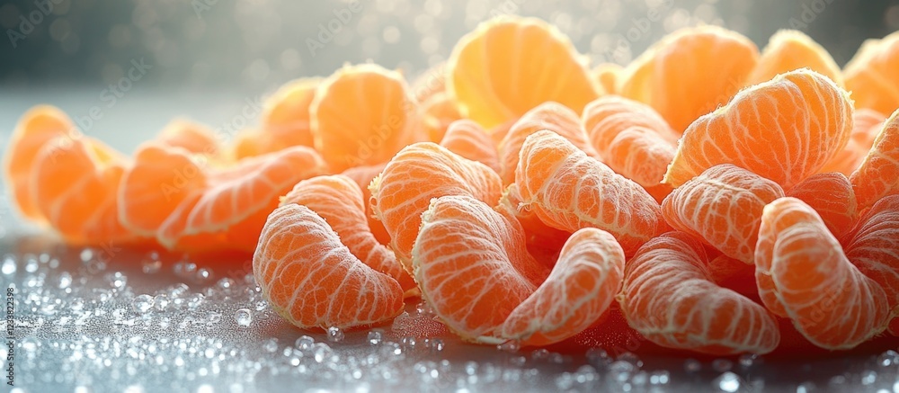 Poster fresh mandarin orange segments on reflected surface with copy space for text