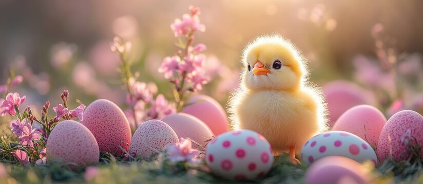 Cute yellow chick surrounded by pastel easter eggs and pink flowers at sunrise with soft focus and copy space.