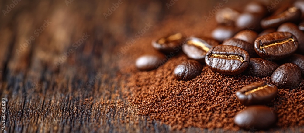 Aufkleber ground coffee and coffee beans on a wooden surface with copy space for text insertion