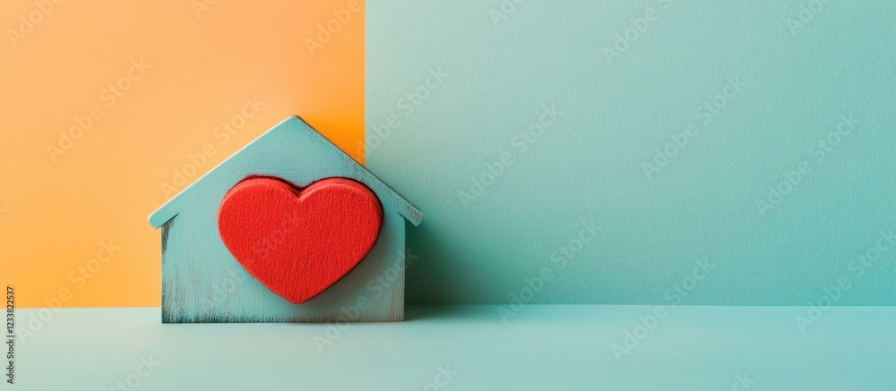Poster colorful house model with red heart decoration on turquoise and orange background with ample copy sp