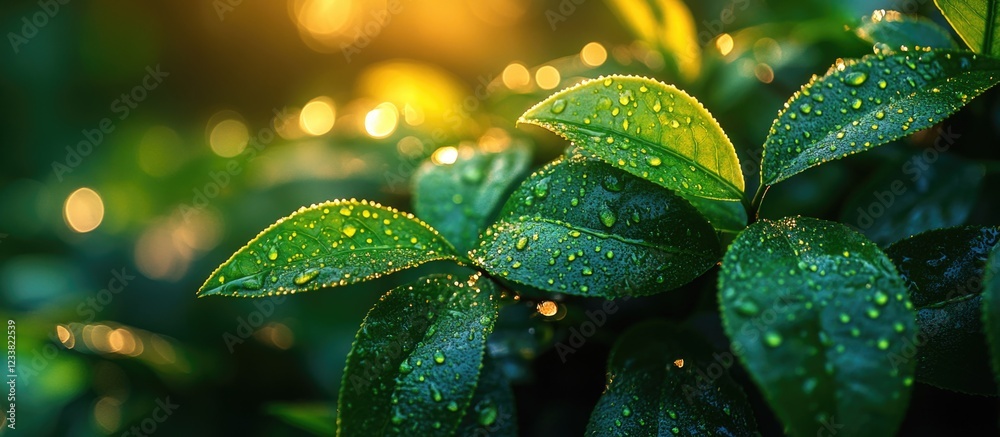 Poster Close-up of green leaves with raindrops illuminated by soft sunlight in a blurred background with Copy Space