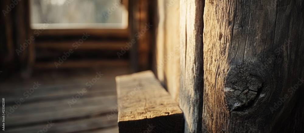 Poster wooden beam and floor close-up in rustic interior with natural light creating a warm atmosphere copy