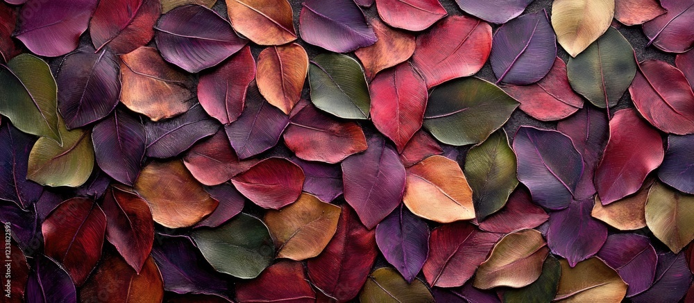 Poster Colorful autumn leaves overlapping in a dense pattern for background texture and design with Copy Space.