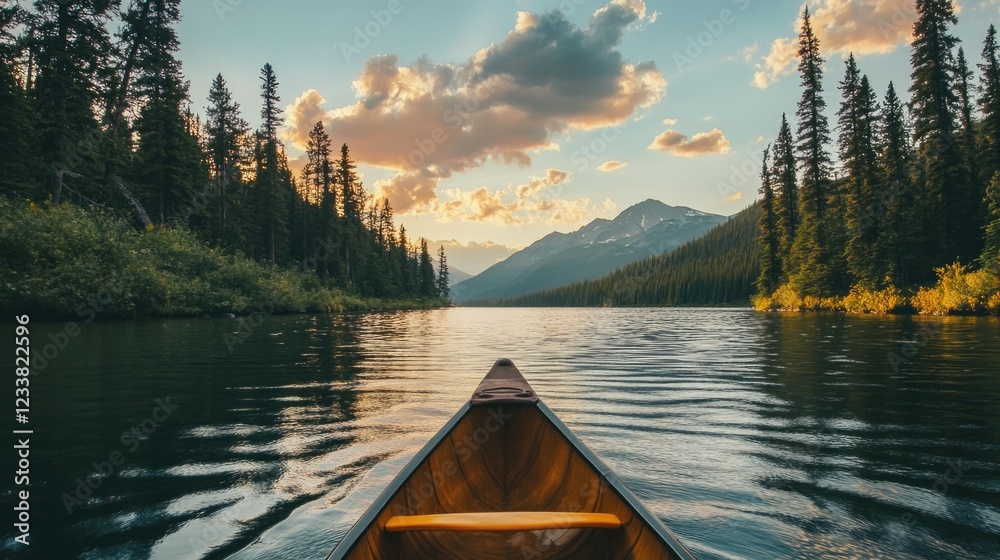 Poster canoe view on tranquil lake surrounded by pine trees at sunset with mountains in the background and 