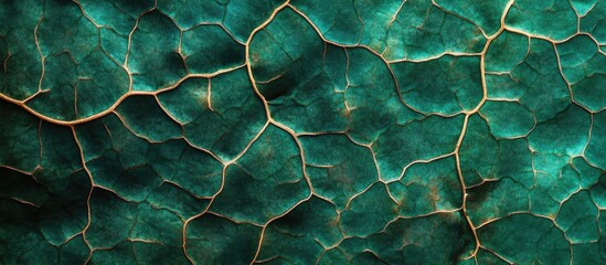Cracked teal surface texture with intricate lines and patterns ideal for backgrounds Copy Space