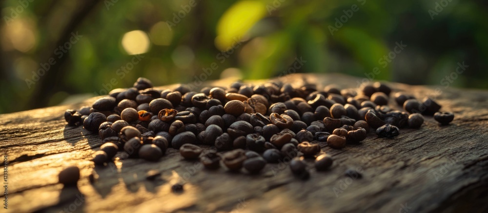 Poster coffee beans scattered on a wooden surface with soft natural light and blurred green background copy