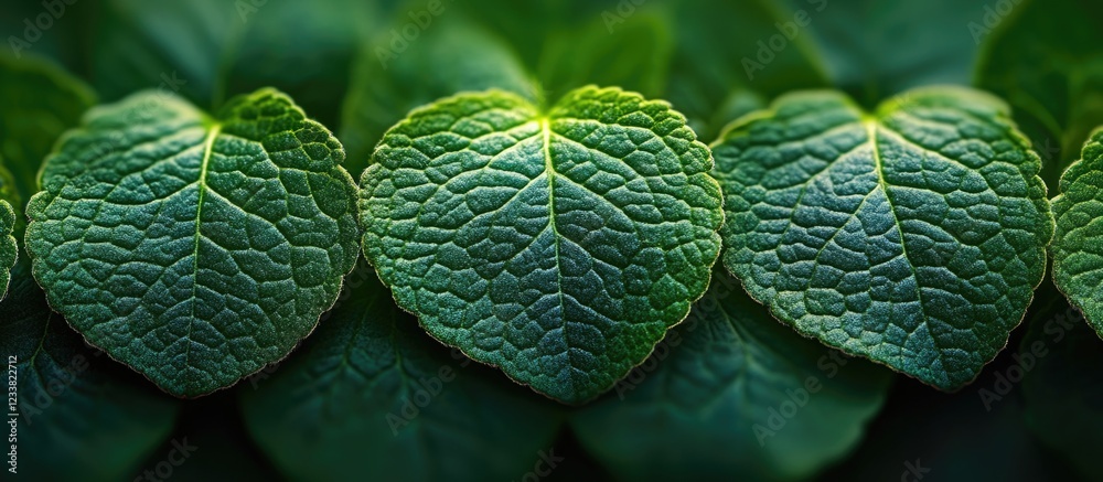 Aufkleber close-up of green leaves with detailed textures arranged in a row on a blurred background copy space