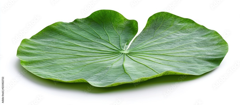 Poster Large green lotus leaf on a white background with copy space for text placement.