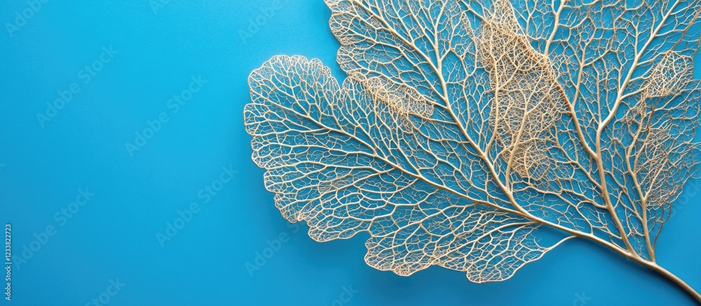 Poster delicate transparent leaf skeleton on a bright blue background with copy space for text placement