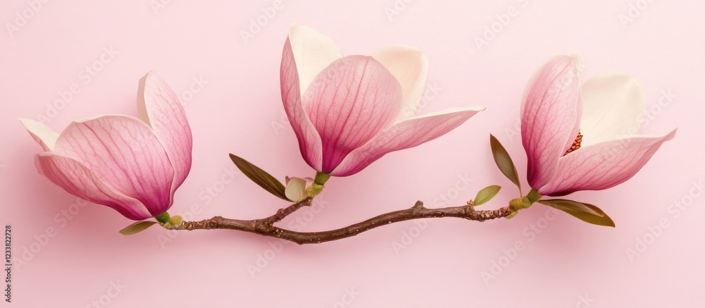 Poster Pink magnolia flowers on a branch against a soft pastel pink background with ample Copy Space for text or design elements.