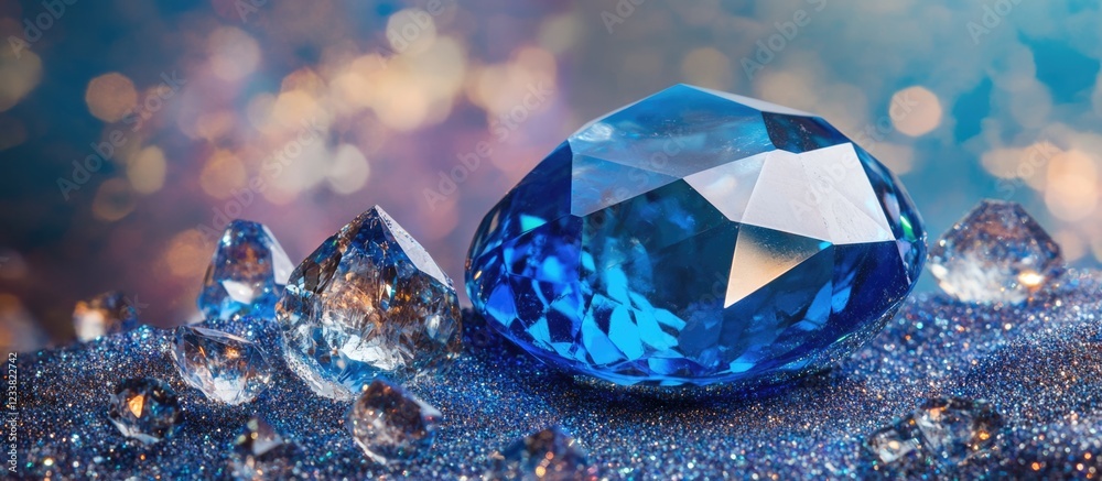 Poster blue gemstone on shimmering surface with smaller crystals and bokeh background, copy space