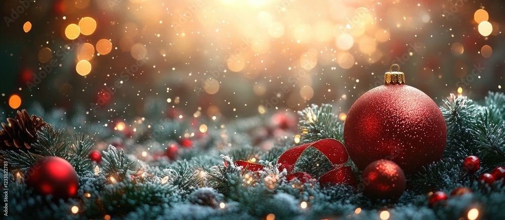 Poster christmas themed background with red ornaments and candy canes on snow-covered pine branches with bo