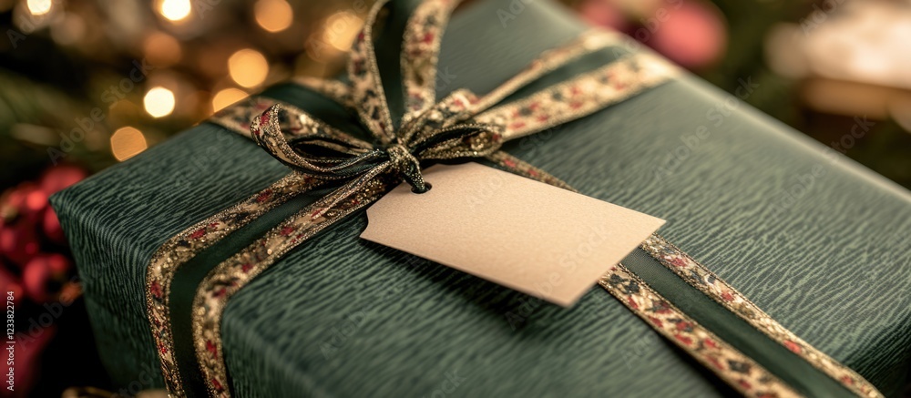 Poster christmas gift box with blank tag and decorative ribbon on blurred festive background with bokeh lig