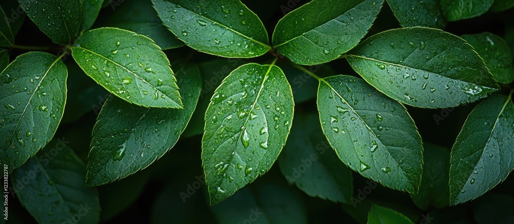 Aufkleber close-up of green leaves with water droplets on a dark background featuring natural textures and cop