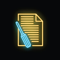 Glowing neon line icon of a screwdriver fixing a contract document with text