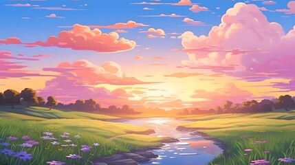 Gorgeous hand-drawn illustration depicting scenic mountains and farmlands, enriched with intricate details and an anime-inspired touch.