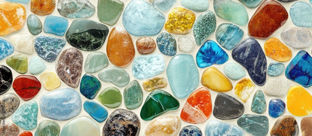 Poster colorful collection of assorted polished stones and pebbles with various textures and colors on a wh