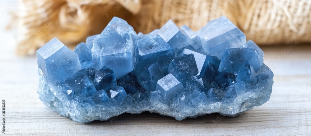Poster blue crystal mineral specimen with cubic formations on a wooden surface with copy space for text.