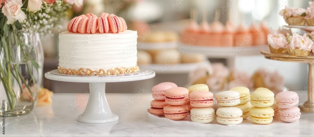 Poster elegant dessert table featuring a white cake with pink macarons and assorted pastries, arranged on a
