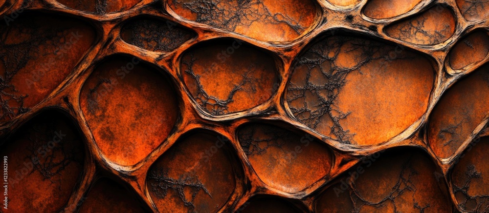 Poster Abstract close-up of textured surface resembling honeycomb pattern with rich orange and brown tones. Copy Space.