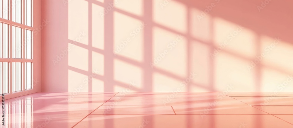 Poster Interior space with pink walls and floor featuring geometric shadow patterns from windows, ideal for backdrops or design projects, Copy Space