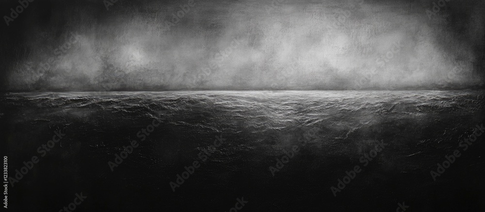 Poster monochrome abstract landscape of still water reflecting light on the horizon with textured clouds an