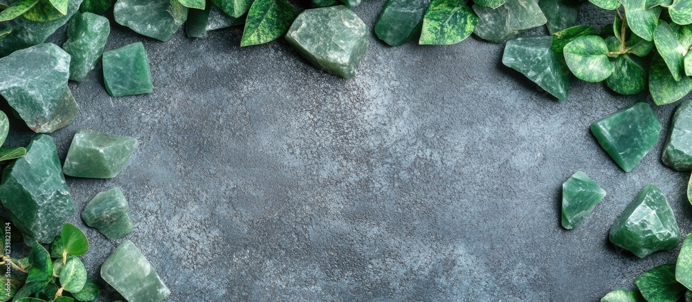 Poster Green stone pieces and leaves arranged on a textured dark surface with Copy Space for text placement