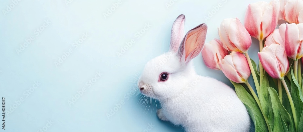 Poster white bunny rabbit next to pink tulips on light blue background with copy space for text