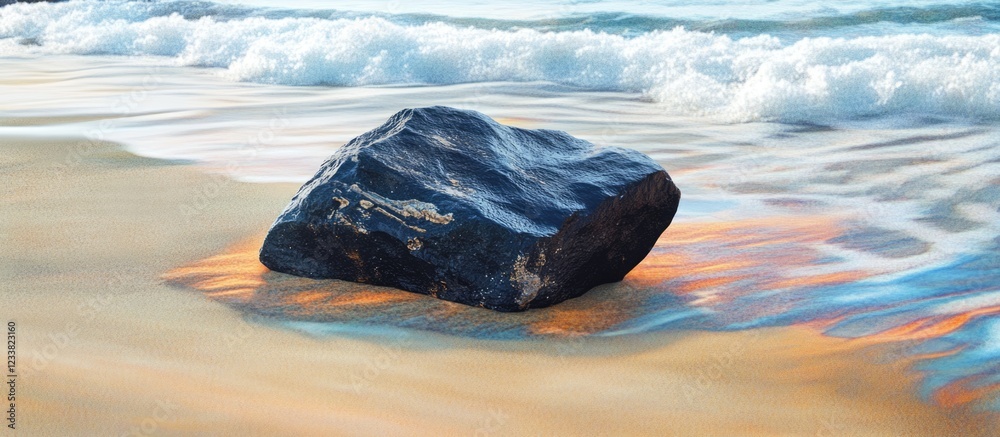 Poster large black rock on wet sandy beach with soft waves and colorful reflections during low tide copy sp
