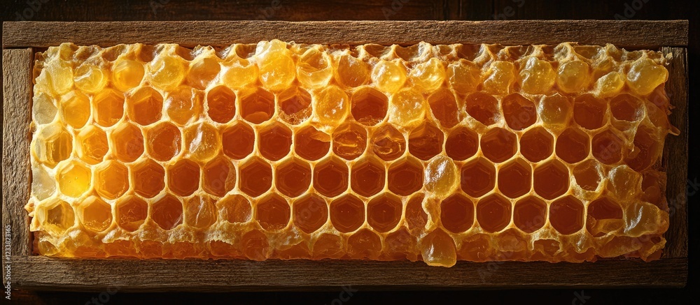 Aufkleber Honeycomb in a wooden frame with golden honey and symmetrical hexagonal cells on a dark background Copy Space