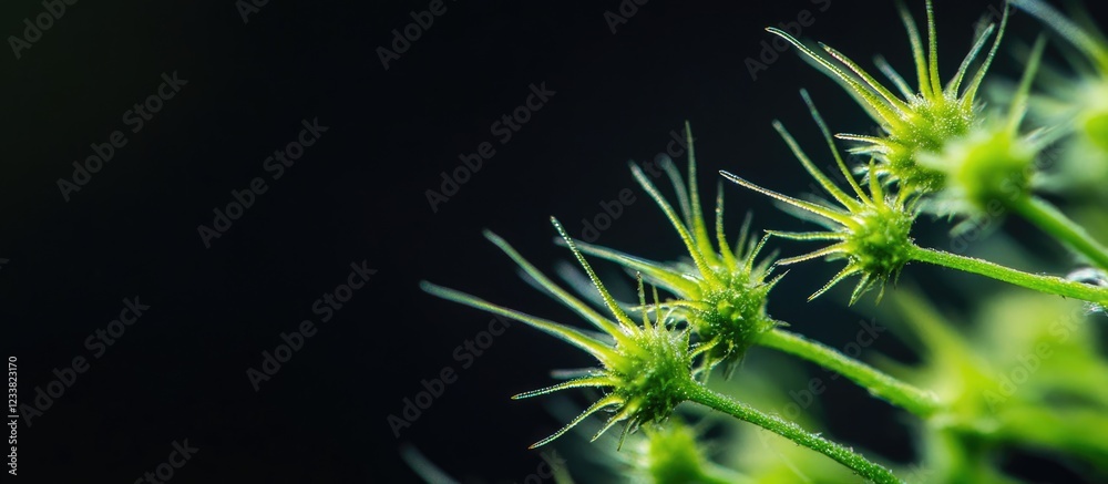 Poster close-up of green spiky plant growth on dark background with copy space for text insertion