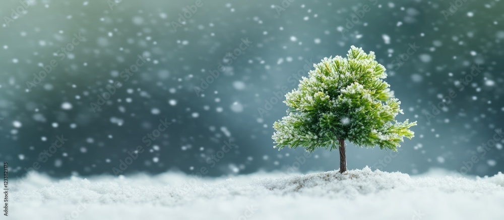 Poster lonely green tree in snow with falling snowflakes on blurred winter background copy space