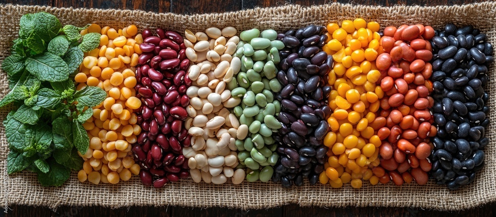 Poster assorted colorful beans arranged on burlap fabric with fresh mint leaves on the side copy space