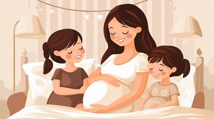 Obraz premium Joyful Expectant Mom and Daughters Cherish Family Time Together