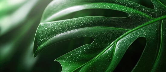 Obraz premium Close-up of Monstera leaf with water droplets on surface, showcasing lush green color and intricate leaf texture, Copy Space available
