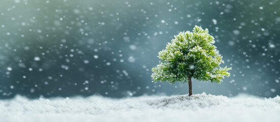 Obraz premium Lonely green tree in snow with falling snowflakes on blurred winter background Copy Space