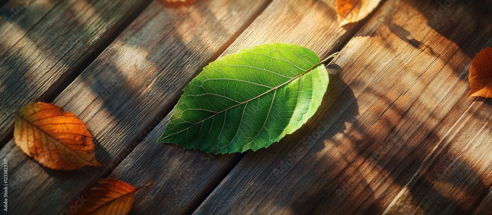 Poster green leaf resting on wooden surface surrounded by autumn leaves with natural lighting and texture c