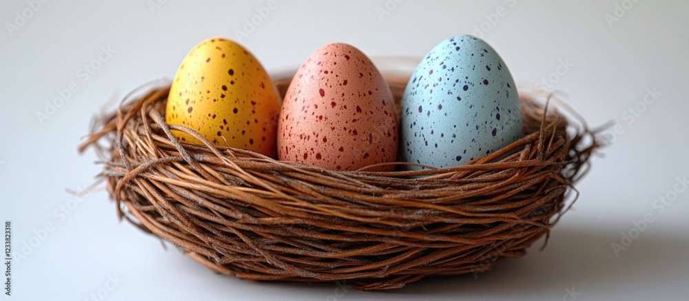 Aufkleber Colorful Easter eggs in a nest made of twigs on a plain background with Copy Space for text.