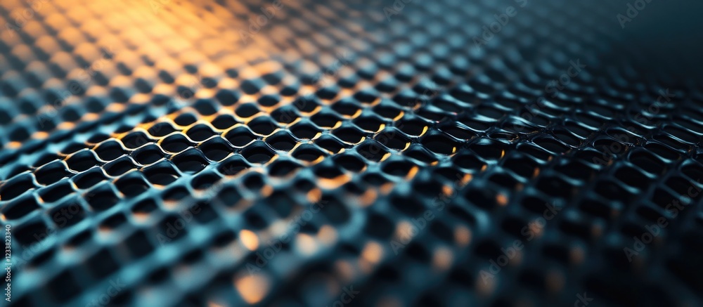 Fototapete Abstract close-up of textured surface with hexagonal patterns illuminated by soft lighting and gradient colors, with Copy Space.