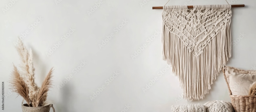 Aufkleber macrame wall hanging with natural fibers and decorative elements on a textured wall with copy space 