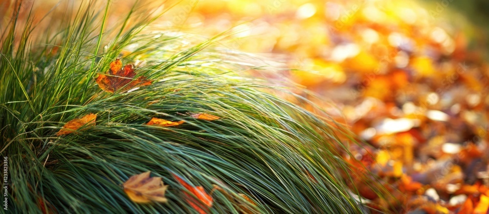 Poster grass and autumn leaves in the foreground with a blurred background showcasing warm fall colors copy