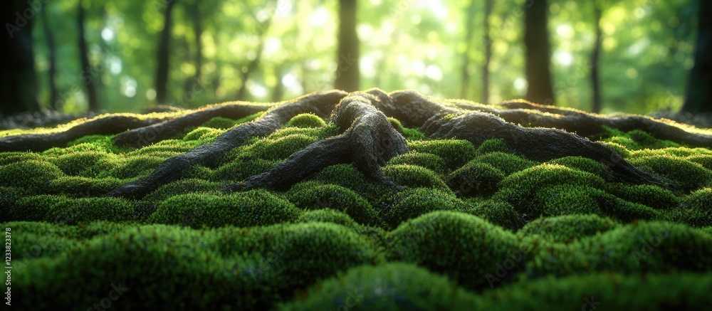 Aufkleber mossy forest floor with exposed tree roots and sunlight filtering through trees copy space