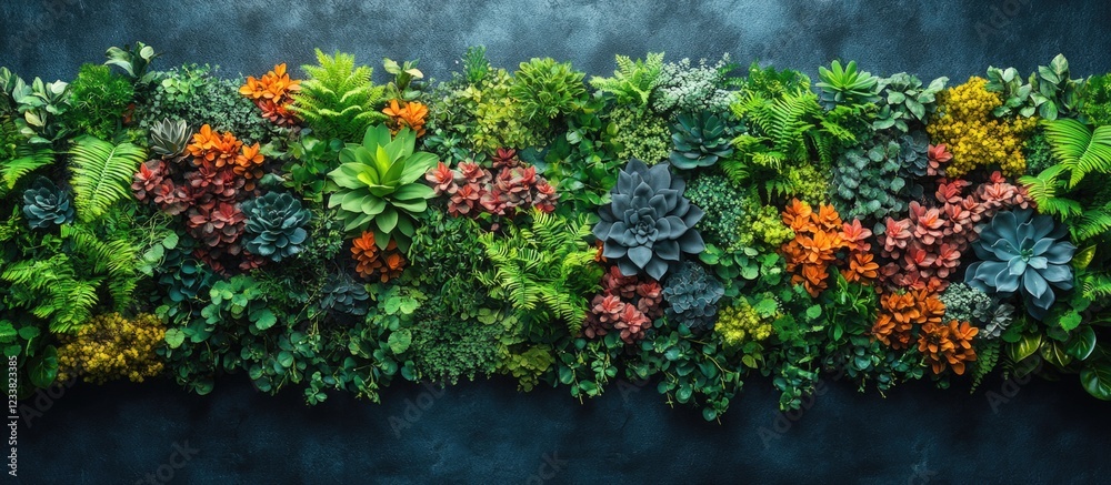 Aufkleber Lush vertical garden with various succulents and foliage on textured dark background with Copy Space for text placement