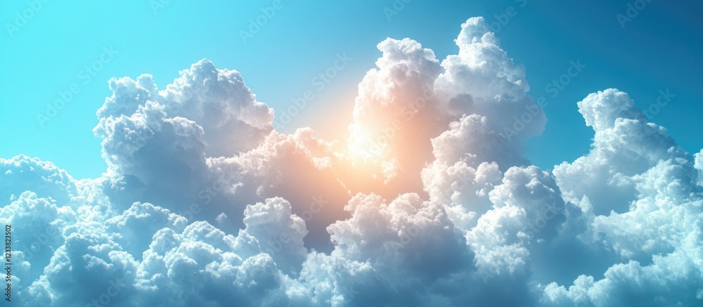 Poster sunlight breaking through clouds with blue sky and copy space