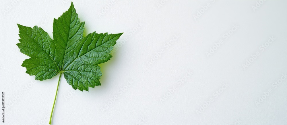Poster green maple leaf on white background with copy space for text placement