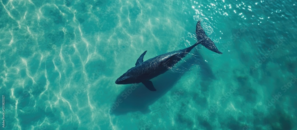 Aufkleber aerial view of a large shark swimming in clear blue tropical waters with sunlight reflections and co
