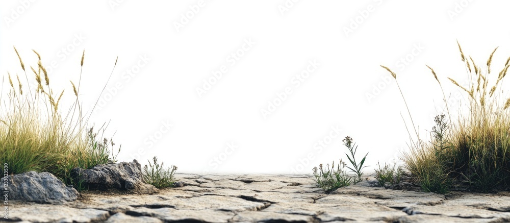 Aufkleber cracked earth with patches of grass and wildflowers against a white background ideal for text placem