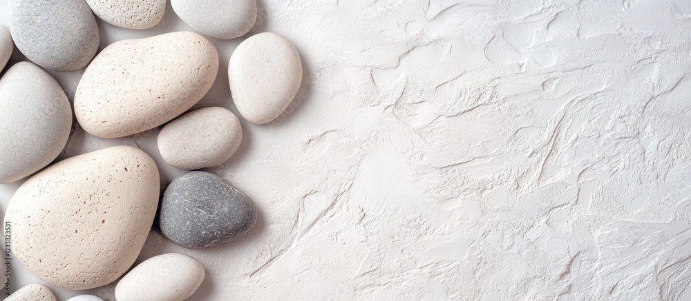 Fototapete smooth white and gray pebbles on a textured white background with copy space for text placement