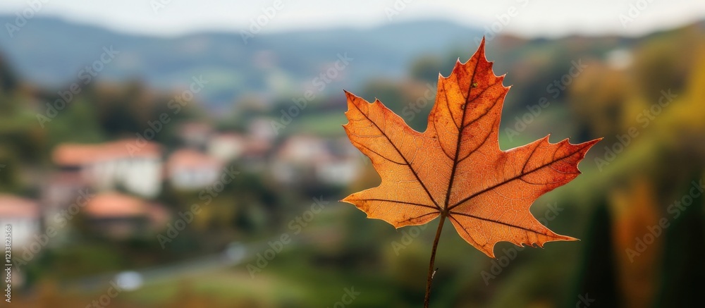 Poster autumn maple leaf in focus with blurred village landscape in the background copy space