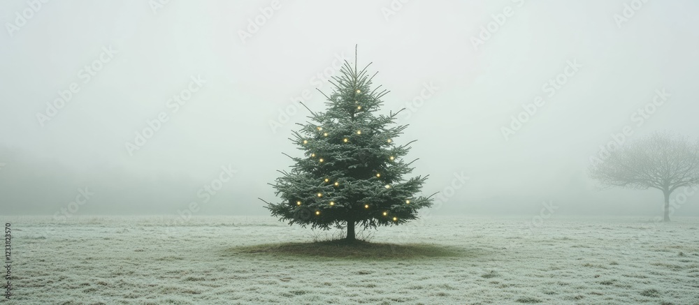 Aufkleber lone evergreen tree in foggy landscape with frost-covered ground and soft muted background copy spac